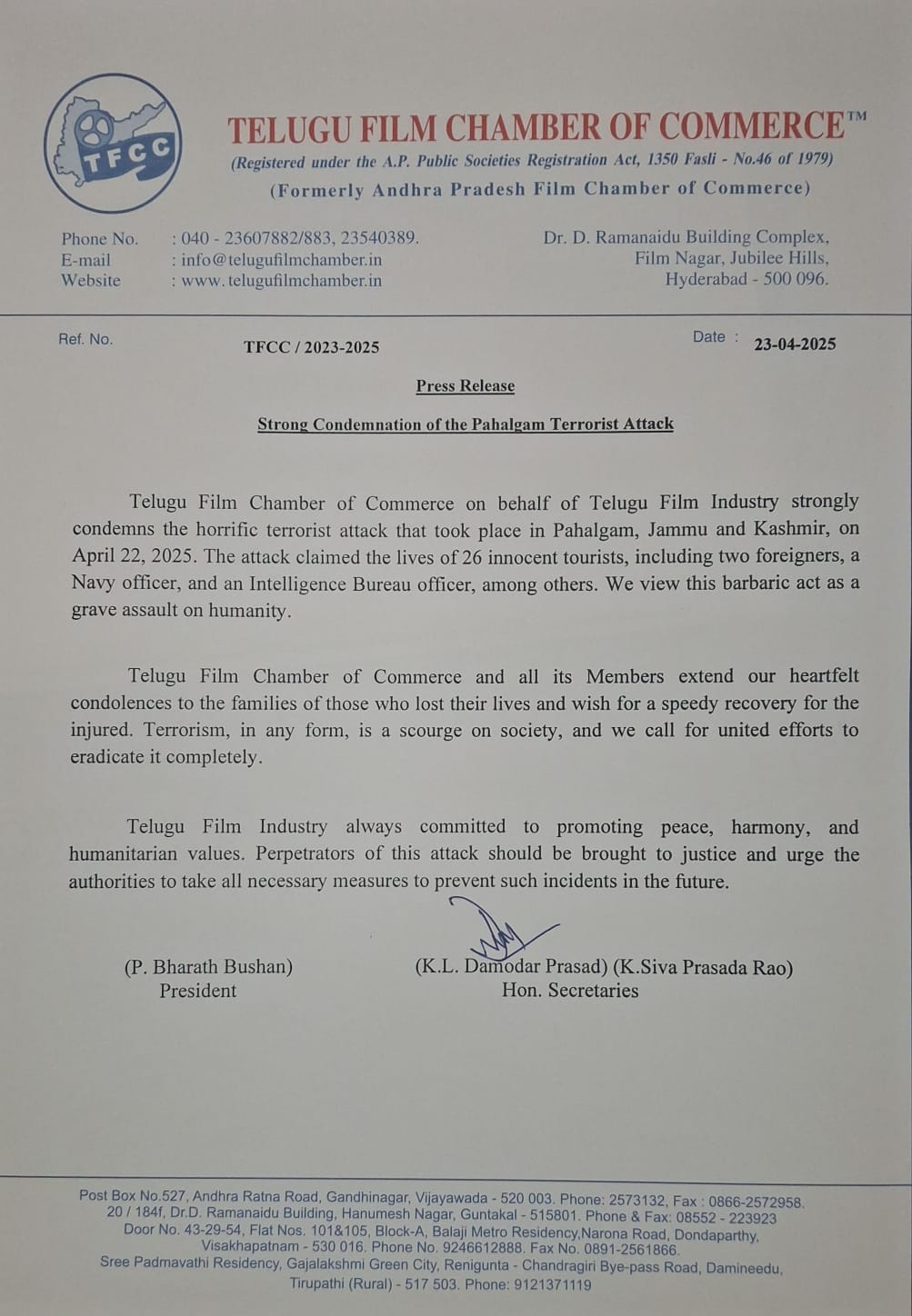 Telugu Film CHamber Condemns Pahalgam Terrorist Attack