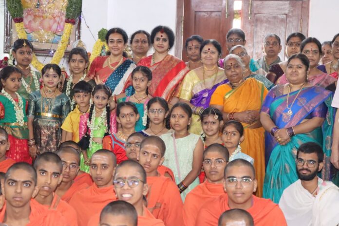 Nandamuri Mohana Roopa and Nandamuri Seemanthini Distribute Clothes at Sri Maha Subrahmanya Veda Vedanga Vidyapeetham